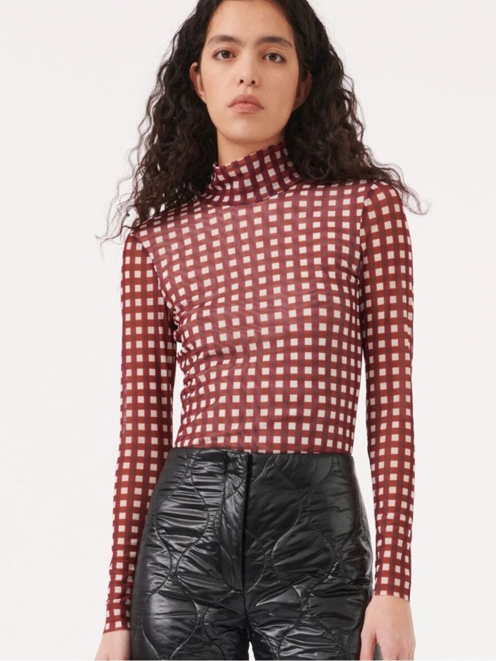 Checkered Mock Neck Long Sleeve Top in Burgundy and Cream